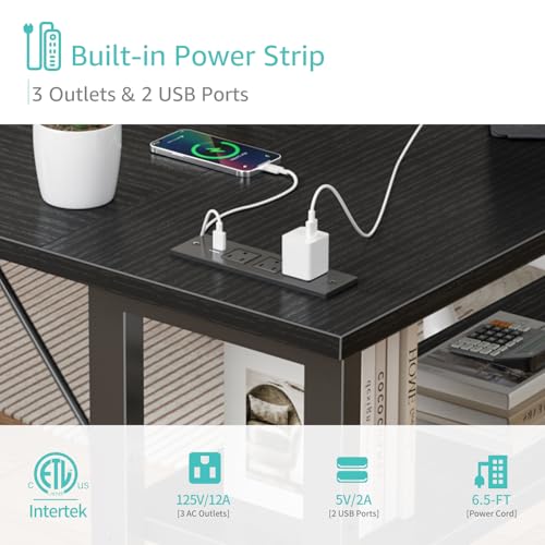 Black 39.4-Inch L Shaped Computer Desk with Power Outlet & Shelves - Small Home Office Corner Desk