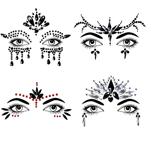 Bowitzki Halloween Face Jewels Festival Design Women Mermaid Face Gems Rhinestone Crystals Stickers Eyes Body Temporary Tattoos (Black-B)