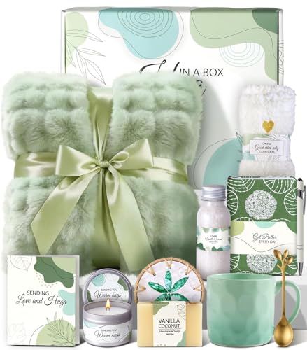 Coralogo Green Get Well Soon Gift Basket Self Care Spa Set with Blanket & Accessories