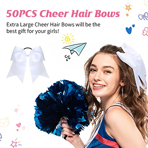 Large White Cheer Hair Bows Set - 50 Bulk 8-Inch Hair Accessories for Girls and Teens