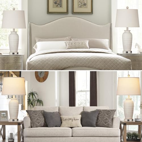CINSARY 24.3-Inch Farmhouse Cream Jar Table Lamps Set of 2 with USB Charging & Touch Control
