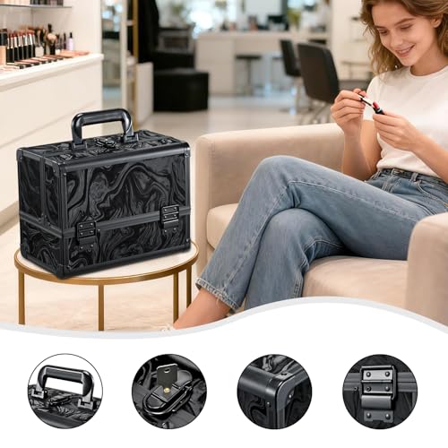 Faquenc Black Travel Makeup Case with LED Lighted Mirror - Portable Organizer