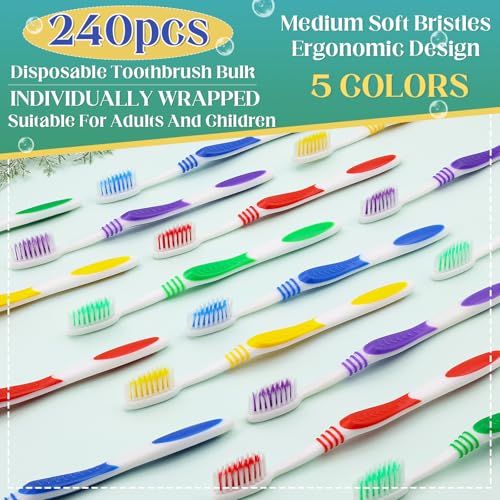 Pack of 240 Disposable Travel Toothbrushes Soft Bristle Individually Wrapped for Kids Adults & Elderly