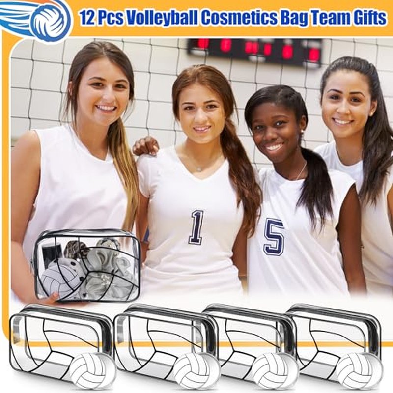 24 Pcs Volleyball Gifts for Teen Girls 12 Volleyball Makeup Bags with 12 Round Makeup Pocket Mirror, 7 x 4.7 x 2.4'' Volleyball Cosmetic Bag Sport Gifts for Women Players Fans (volleyball)