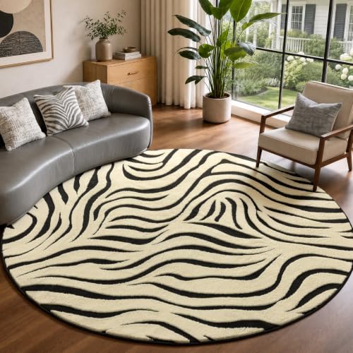 Zebra Round Area Rug 6ft - Non-Slip Washable Modern Circle Rug - Black & Cream