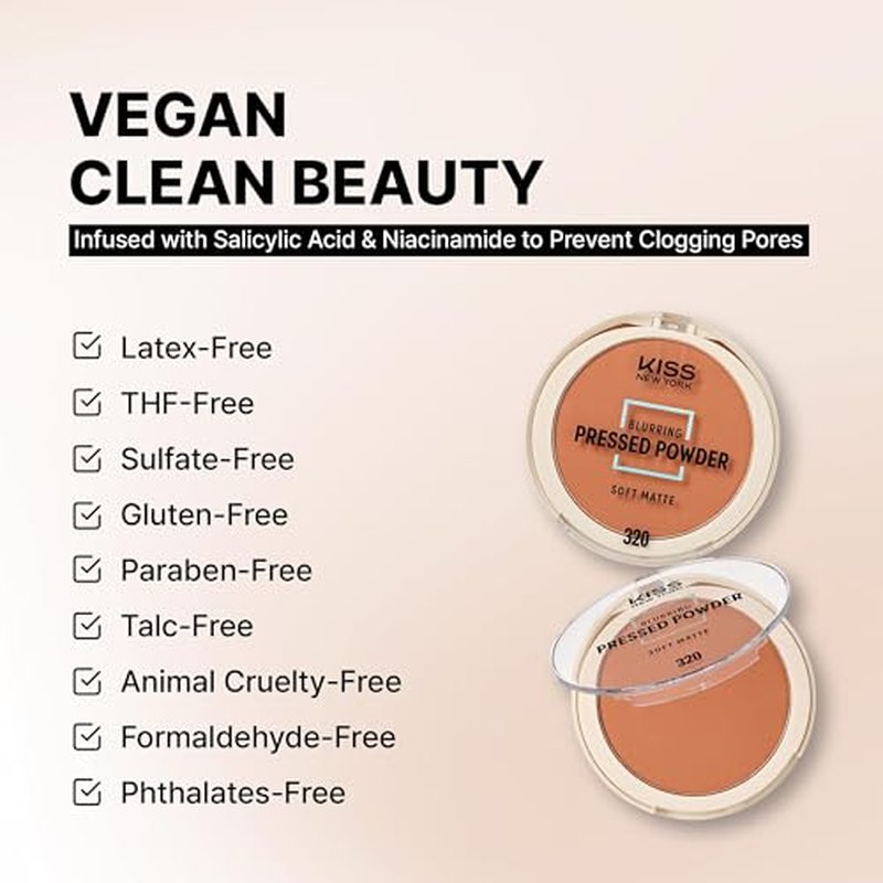 Kiss New York Soft Matte Pressed Powder (Classic Tan) With Dual Ended Powder Brush Set, Blurring Poreless Face Powder Makeup, Medium Coverage Setting Powder Infused with Salicylic Acid & Niacinamide