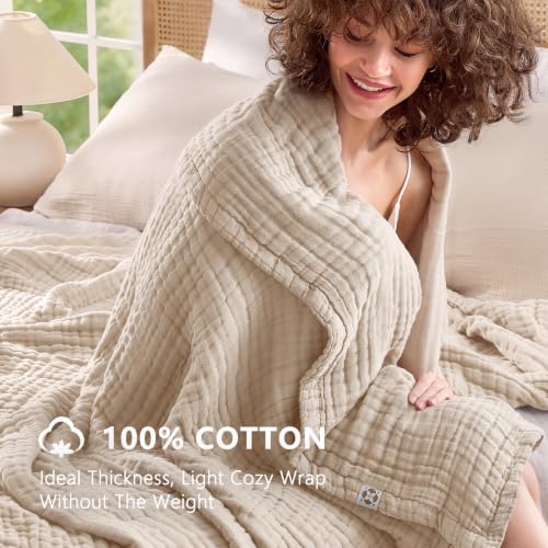 EMME 9-Layer Muslin Cotton Blanket Queen Beige - Soft, Breathable Coverlet