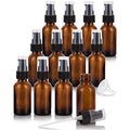 JUVITUS 1 oz / 30 ml Amber Glass Boston Round Bottle with Black Treatment Pump (12 pack) + Funnel Refillable Empty Storage Containers