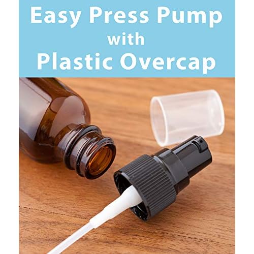 JUVITUS 1 oz / 30 ml Amber Glass Boston Round Bottle with Black Treatment Pump (12 pack) + Funnel Refillable Empty Storage Containers
