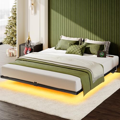 Black King Size Floating Bed Frame with LED Lights & Charging Station - Modern Levitating Platform Bed
