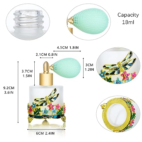 YU FENG 18ml Frosted Refillable Perfume Bottle Round Glass Perfume Spray Bottle Hand-painted Empty Travel Perfume Atomizer Gift (Green Dragonfly With Flowers)