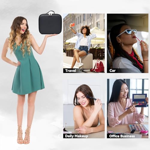 Travel Makeup Bag with LED Mirror & 10x Magnifying Glass - Black, Adjustable Dividers