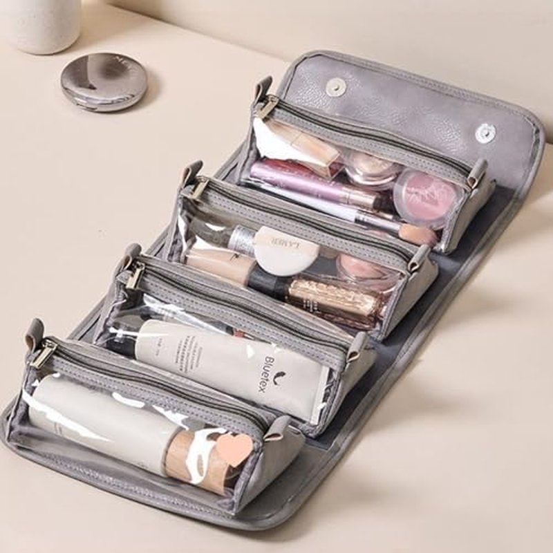 4 in 1Portable Makeup Bag with 4 Detachable Transparent Compartments - Waterproof Leather Foldable Large-Capacity Travel Cosmetic Organizer