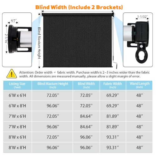 Outdoor Roller Shades for Patio 8' x 6' Black - UV Block & Privacy, Cordless, Quick Install