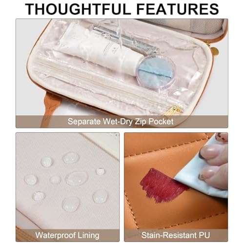 Travel Makeup Bag, Large Capacity Quilted Toiletry Bag for Women Stand-up Cosmetic Bag Open Flat Make Up Case Organizer Portable Pouch Purse w/Handle for Traveling Accessories Beige Floral