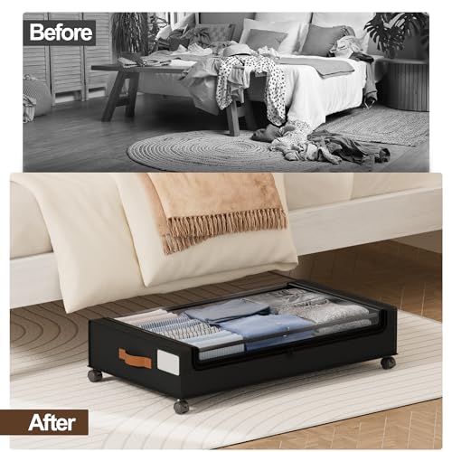Under Bed Storage Containers with Wheels - 4 Pack, 60L, Black, Heavy-Duty