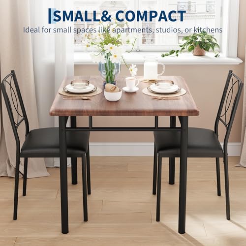 Walnut Small Dining Table Set for 2 with Upholstered Chairs - Space-Saving Kitchen Furniture