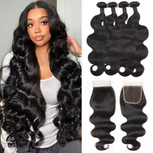 Body Wave Bundles with Closure Human Hair 18 20 22 24 + 16 Inch Brazilian Human Hair 3 Bundles with 4x4 HD Lace Closure Part 12A Grade 100% Unprocessed Virgin Hair