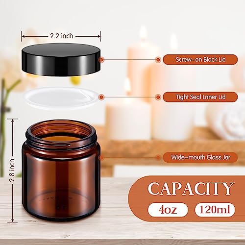 Norme 48 Pcs 4 oz Glass Jars with Lids Leakproof Round Airtight Empty Cosmetic Jars with Inner Liners Lid for Storing Lotions Powder Ointments Candle Making Tins (Black,Amber)