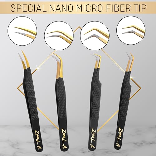 Zane L.A. Nano Fiber Tip Professional Eyelash Extension Tweezers, a pack of 4, Quality tweezers made with Japanese Stainless Steel, FREE Eyelash Separator. (Black)
