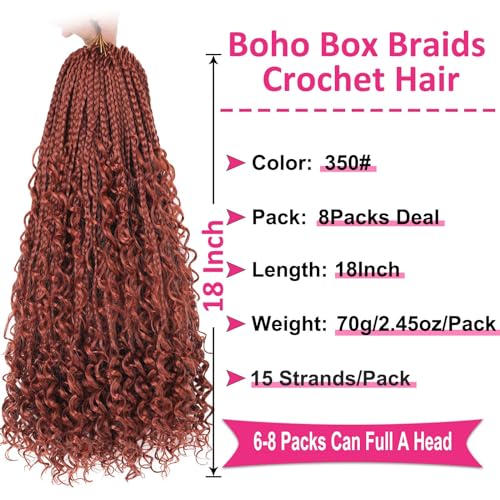 18 Inch Boho Box Braids Crochet Hair with Curly Ends - 8 Packs, Synthetic, Natural Look