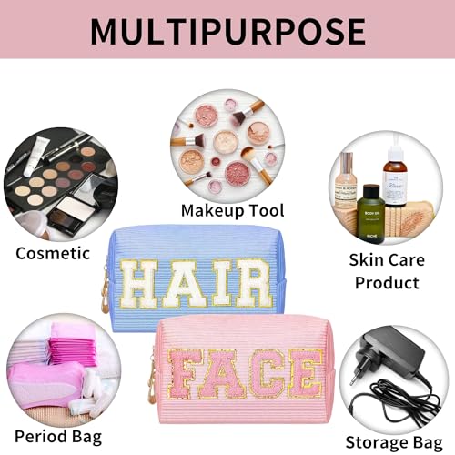 SEAMOON Pink Cosmetic Bags - 2 Pcs Corduroy Chenille Pink Letter Bag, Make Up Bag for Teens & Women, Ideal for Travel & Gifts