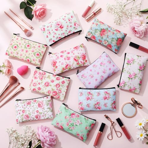 Reginary 20 Pieces Cosmetic Bag for Women, Roomy Makeup Bags with Zipper Toiletry Bag Pouch Travel Accessory Organizer Gifts, 7 x 4.3 Inches(Pink Flower)