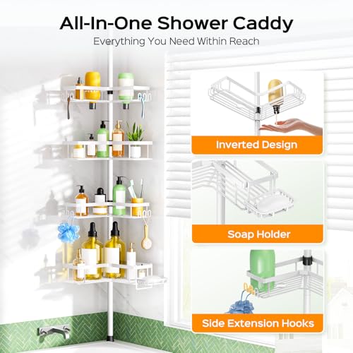 White 4-Tier Corner Shower Caddy - Tension Pole Bathroom Organizer, No Tools Needed