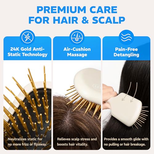 White 24K Gold Plated Gua Sha Hair Brush & Scalp Massager - Hair Care