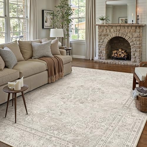 PureCozy Vintage Beige 8x10 Low Pile Washable Area Rug - Large Living Room Carpet