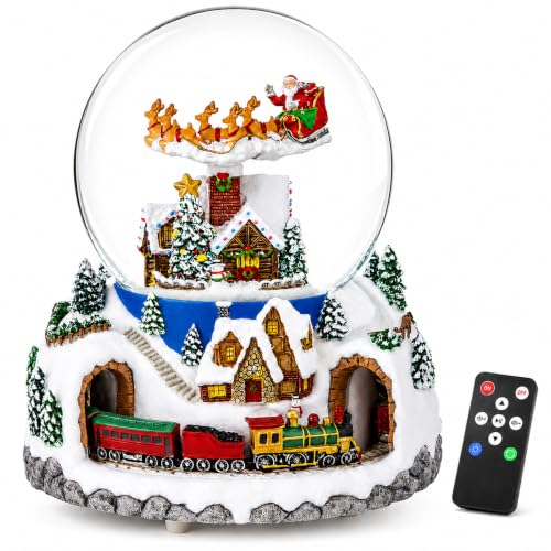 Musical Christmas Village Snow Globe with Santa & Reindeer—48 Carols, Remote