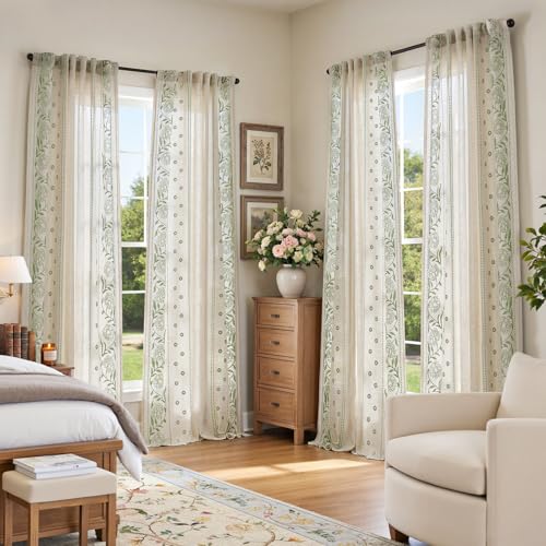 Jinchan Sage Floral Linen Curtains 50"W x 84"L, Pack of 4, Back Tab, Vintage Style