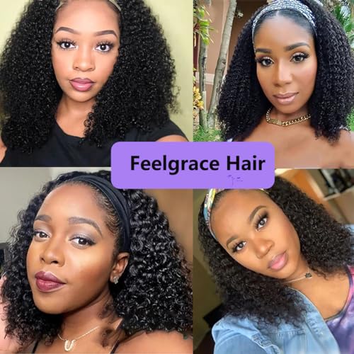 Feelgrace 12 Inch Natural Curly Water Wave Headband Wig Human Hair Glueless Short Kinky Curly Wig for Black Women