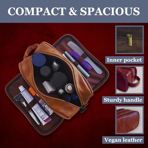 Premium Men¡¯s Toiletry Bag with Drawstring Pouch ? Durable Water-Resistant Leather-Look Travel Organizer for Shaving, Grooming & Hygiene Essentials (Chestnut Brown)