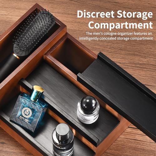 Perfume Stand Organizer for Men with 3 Tiers, Walnut & Black Finish, 1 Drawer