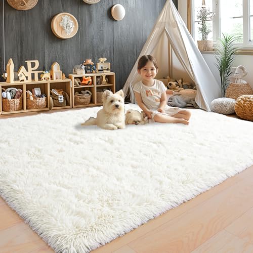 Cream White Fluffy Area Rug 9x12 ft for Living Room & Bedroom - Super Soft Shag with Non-Slip Base