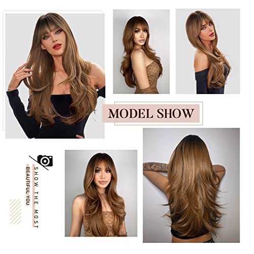 N NAYASA Light Brown Wigs for Women with Bangs, 24-Inch Ombre Long Layered Synthetic Wig - Dark Roots, Natural Look (Variation: Brown)