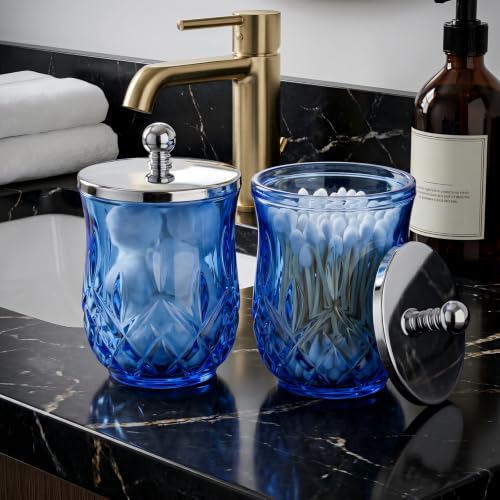 Blue 10Oz Glass Q-Tip Holder 2 Pack - Round Bathroom Cotton Organizer