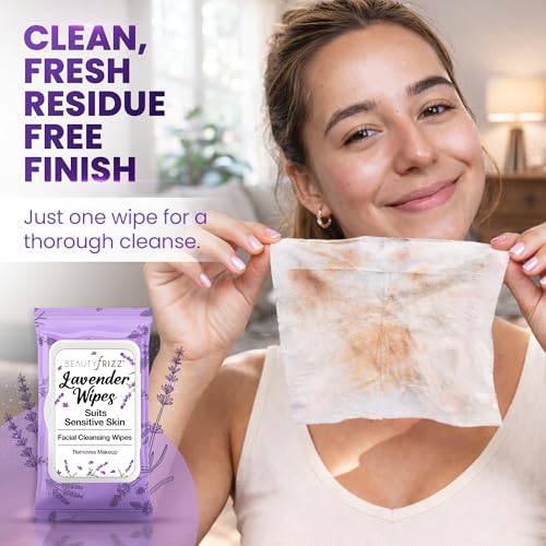 BeautyFrizz Lavender Face Wipes - 120 pcs - Gentle Makeup Remover Wipes for Women - Facial Cleansing Wipe with Aloe, Castor, Vitamin A and E - Extra Soft - Moisturizing