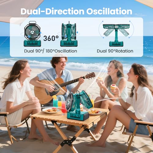 ONLYNEW Green Large Dual Head Portable Rechargeable Fan with LED Lantern & Remote