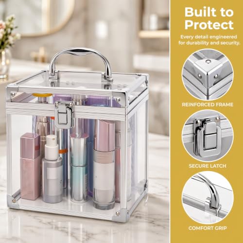 Acrylic Crown & Cosmetic Storage Box with Locking Latches - Portable Vanity Organizer for Pageants & Travel