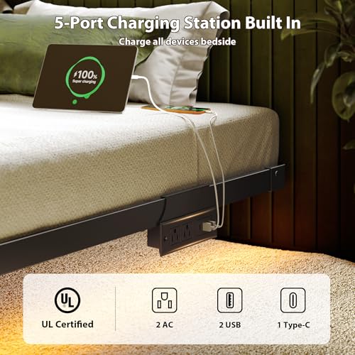 Black King Size Floating Bed Frame with LED Lights & Charging Station - Modern Levitating Platform Bed
