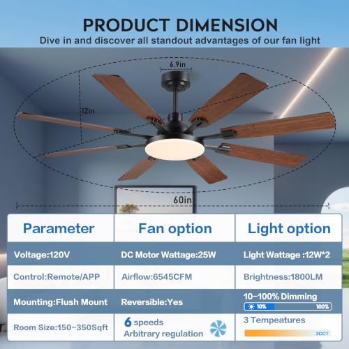JSAITEE 60-Inch Brown Ceiling Fan with Light & Remote - Modern Low Profile