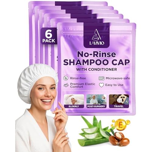 No Rinse Shampoo Caps ? Waterless Hair Washing Shower Caps for Bedridden Patients, Elderly & Hospital Use ? Disposable Rinseless Conditioning Bathing Supplies with Aloe Vera, Vitamins - 6 Pack
