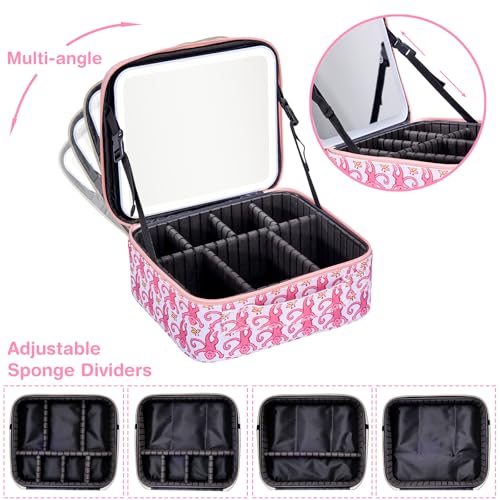 Travel Makeup Bag Organizer with LED Mirror, Portable Monkey Cosmetic Train Case with Adjustable Dividers, Brush Storage Board for Women Christmas Thanksgiving Valentine Birthday Gift (Pink)