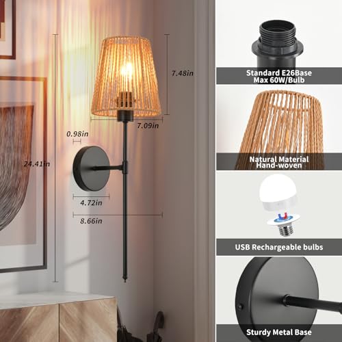 Black 24.4 Inch Battery Operated Wall Sconces Set of Two with Remote & Rechargeable Bulbs