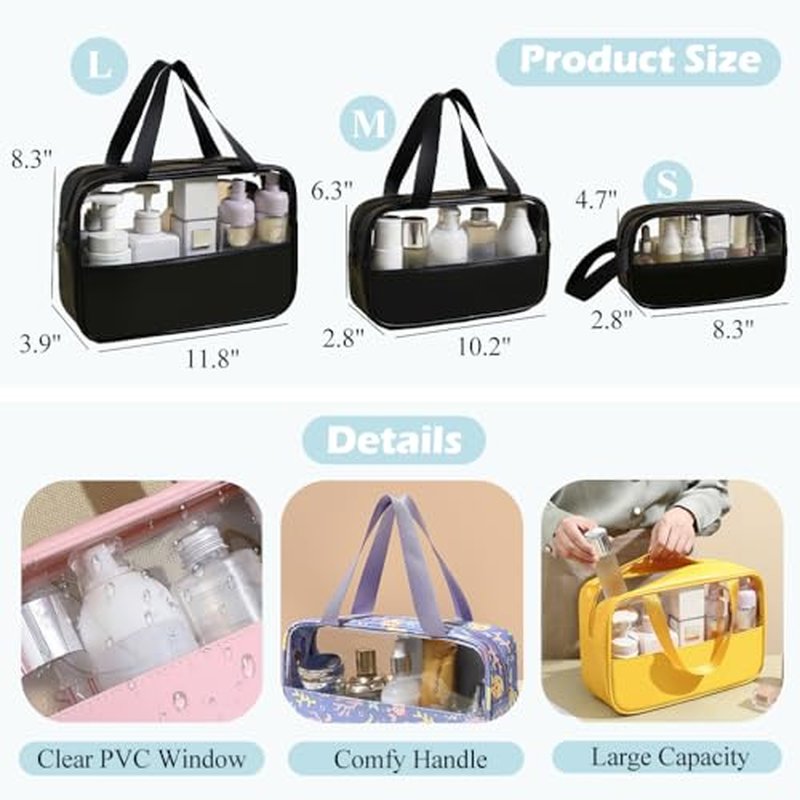 Clear Makeup Bag, Large Clear Toiletry Bag for Travel, Portable Toiletry Bag for Men, Water-repellent Travel Bag Set of 3 (Solid Black)