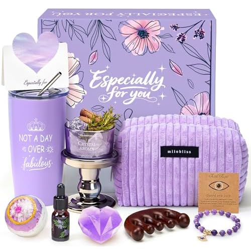 Golray Lavender Gifts for Women Friendship Gift Basket, Purple Dream Healing Fireless Aromatherapy/Thermos Set, 30th 40th 50th Women Self Care Spa Birthday Christmas Gifts for Her Sister Mom