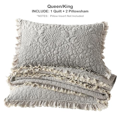 Beige Ruffled Quilt King Size Bedding Set - Rustic Farmhouse Microfiber, Reversible 3 Pieces