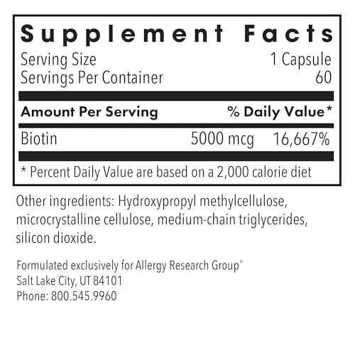 Nutricology Biotin 5000 Supplement - 5000mcg Biotin, Vitamins for Hair, Skin and Nails, High Dose, Vegetarian Capsules, Hypoallergenic, Gluten Free - 60 Count
